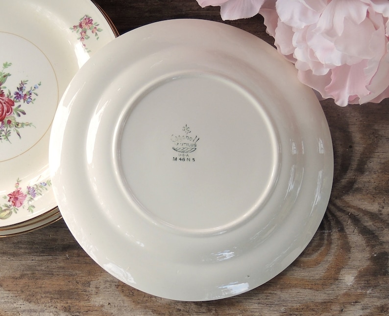 May include: White ceramic dinner plate with a floral design. The back of the plate has the text "Castleton China USA M 46 N 5" printed in green.