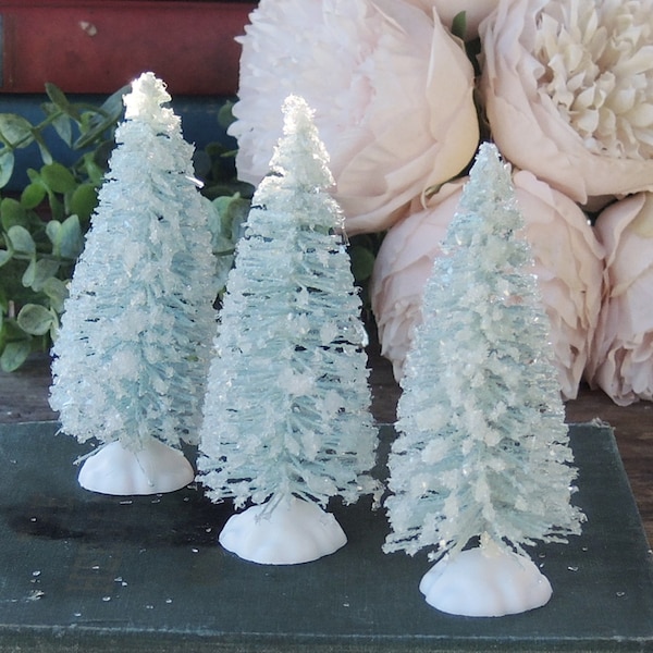 3 Light Blue Bottlebrush Trees Vintage Style Glittering Trees Putz Village Holiday Craft Supplies Holiday Decor, Photo Props