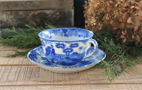 Blue Italian Teacups and Saucers (Set of 4)