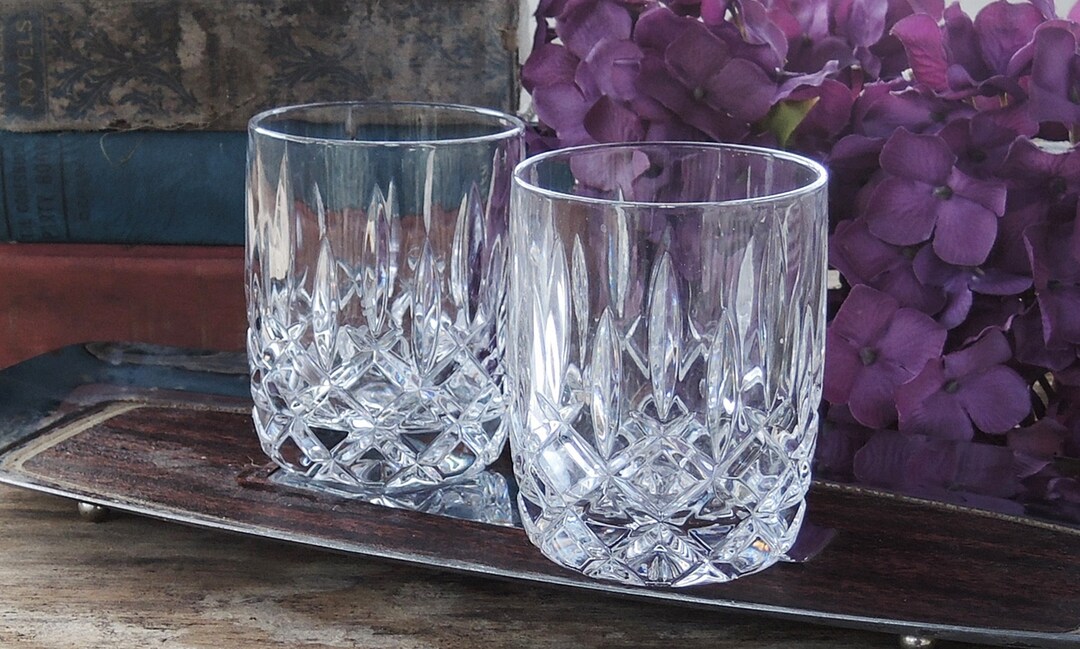 Vintage Whiskey Glasses Set of 2 Blade and Crosshatch Cut Pattern Vintage Glasses Rocks Glasses