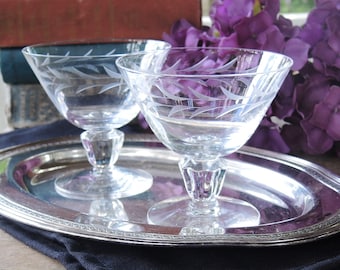 Etched Crystal Champagne Glasses Set of 2 Dessert or Sherbet Glass Barware