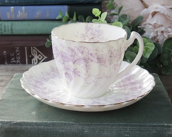 Purple Transferware Floral Teacup and Saucer Set Made in England AS IS #2234