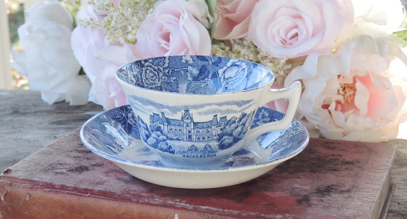 Skane Porcelain Blue and White Teacup Set Made in Sweden image 1
