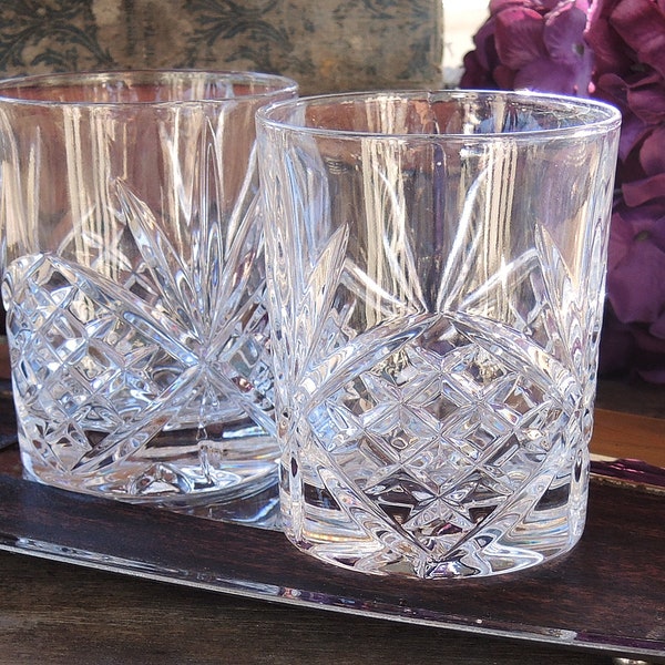 Vintage Whiskey Glasses Set of 2 Fan and Bevel Cut Pattern Vintage Glasses Rocks Glasses Cut Crystal Bar Cart Barware