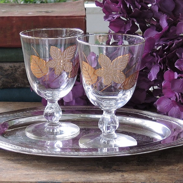 Retro Gold Leaf Water Glasses Set of 2 Mid Century Elegant Glassware Cocktail Glasses Barware