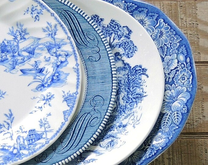 Mismatched Blue and White Dinner Plates for Weddings Set of 4 English