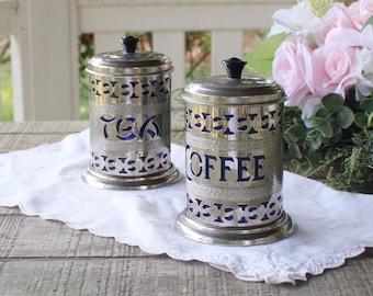 Vintage Silver Coffee or Tea Canister, Listing is for ONE Canister Pierced Metal Canister with Blue Liner
