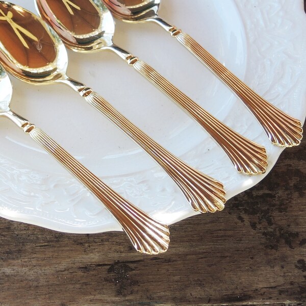 Rogers Golden Royal Plume Soup Spoons Set of 4 Scalloped Handles Flatware Wedding Table Settings Gold Stainless Steel Made in Korea