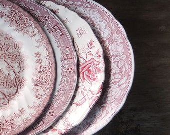 Mismatched Pink White Transferware Dinner Plates Set of 4