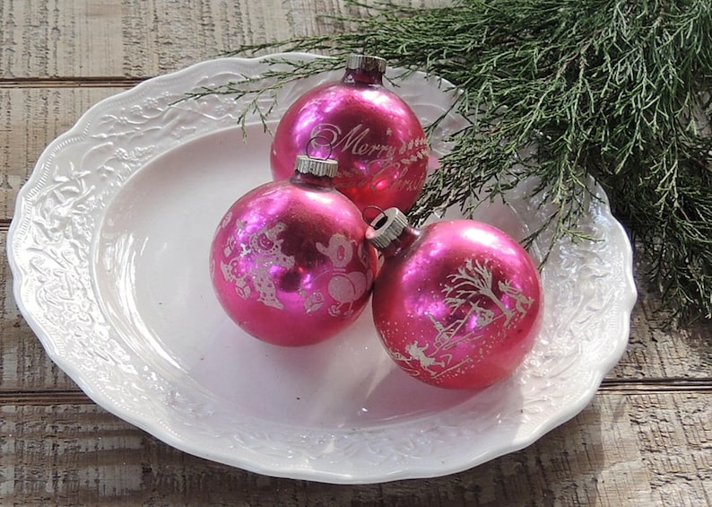 ON SALE Vintage Shiny Brite Blown Glass Bright Pink Assorted Ornaments Set of 6 Shiny Pink Holiday Decor Tree Trimming Mercury Glass