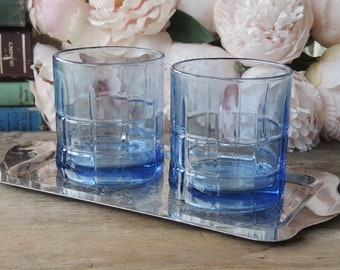 Anchor Hocking Tartan Blue Glass Tumblers Set of 2 Whiskey Glasses Vintage Modern Bachelor Party Glassware, Barware, Regalo de boda