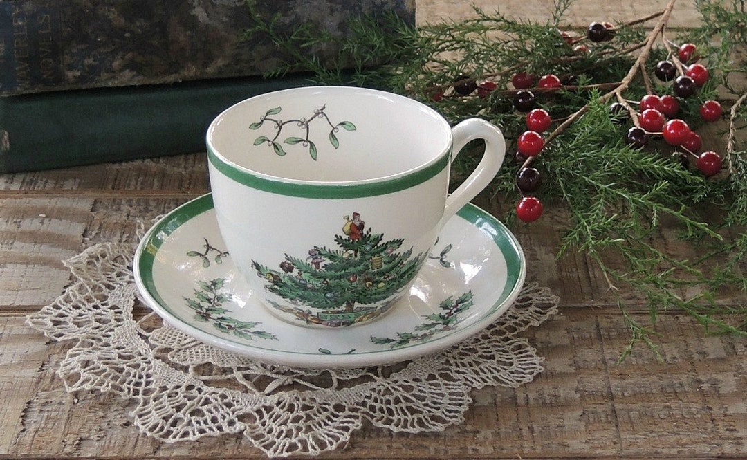 Spode Christmas Tree Tea Cup and Saucer Set, English China Tea Set for