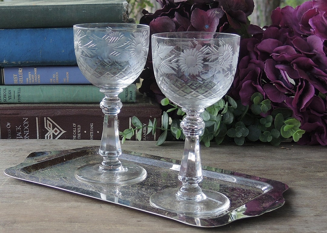 Vintage Etched Crystal Cordial Glasses Set of 2 Sherry Glasses Bar Cart