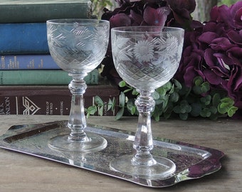 Vintage Etched Crystal Cordial Glasses Set of 2 Sherry Glasses Bar Cart Crystal Cocktail Cordials