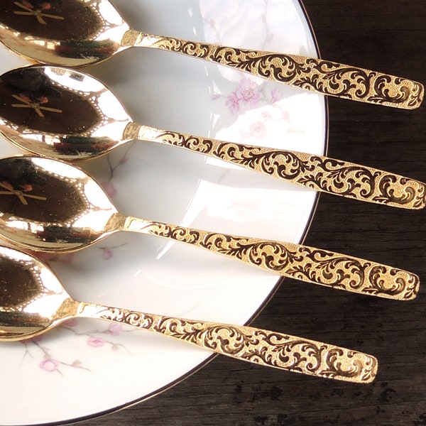 International Silver Golden Heritage Soup Spoons Set of 4 Scrolled Handle Flatware Wedding Table Settings Gold Stainless Steel Americana