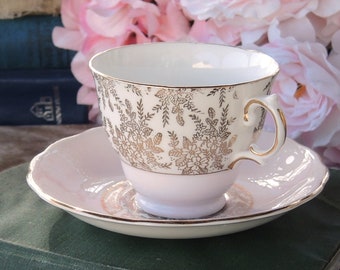 Royal Vale Tea Cup and Saucer Set Pink and Gold Filigree Style Fine English Bone China High Tea Party Housewarming Gift Inspired