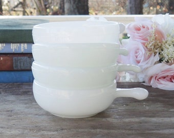 Mismatched White Milk Glass Handled Bowls Set of 4 Cereal Bowls Small Soup Bowls Mid Century Housewares