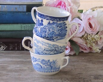 Blue and White Mismatched Tea Cups Set of 4 Blue Transferware Cups Rustic Cottage Chic, Tea Party, Antique Wedding, Bridesmaid Gifts