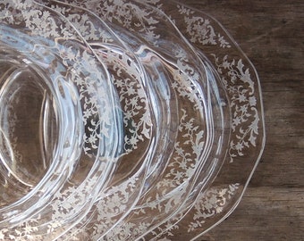 Fostoria Navarre Clear Salad Plates Set of 4 Etched Florals Glass Plates Scalloped Edges Bridesmaid Luncheon Set