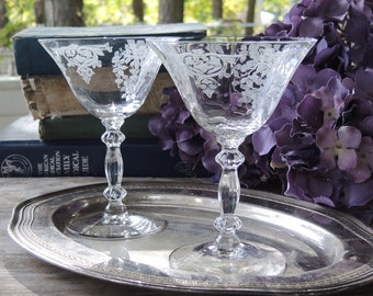 Vintage Etched Floral and Scrolls Crystal Champagne Glasses Set of 2 Holds 4 Oz. Bar Cart Glasses Bride and Groom Crystal Glasses