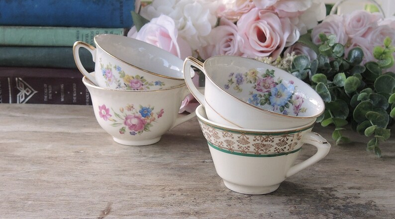 Mismatched Cottage Style Teacups Set of 4 Mix and Match English Cottage Style, Soy Candle Cups, Bridesmaid Gifts image 2