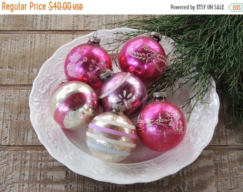 ON SALE Vintage Shiny Brite Blown Glass Bright Pink Assorted Ornaments Set of 6 Shiny Pink Holiday Decor Tree Trimming Mercury Glass
