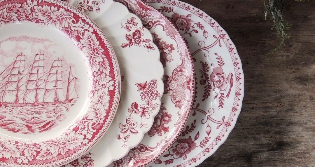 Red Transferware Set Mismatched Red Transferware Salad Plates Set of 4 Replacement China Red ...