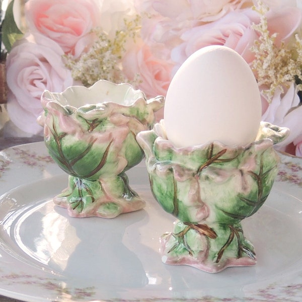 Vintage Hand Painted Cabbage Leaf Egg Cups Set of 2 Holds a Large Egg