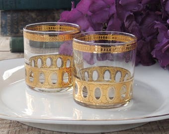 Culver Antigua Old Fashioned Glasses Set of 2 Mid Century Elegant Glassware Barware, Midcentury 22k Gold transfer Clear Glass, Signed