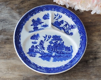 Vintage John Maddock Blue Willow Grill Plate Made in England Divided Plate