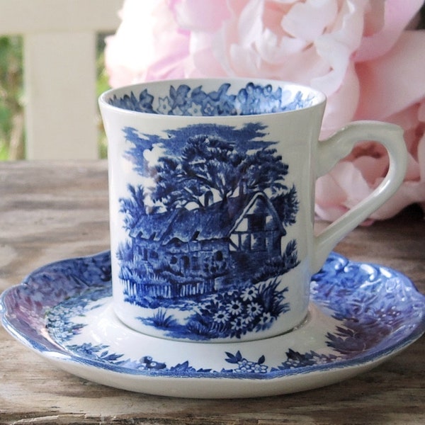 J & G Meakin Blue Romantic England Flat Tea Cup Set Anne Hathaway Cottage English Blue Transferware Tea Cup Saucer Set Dishwasher Safe