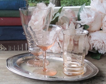 Mismatched Blush Pink Glasses Set of 3 Depression Pink Glasses Bar Cart Barware Champagne, Juice and Water Glass Tea Party Glassware