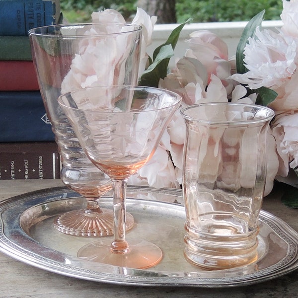 Mismatched Blush Pink Glasses Set of 3 Depression Pink Glasses Bar Cart Barware Champagne, Juice and Water Glass Tea Party Glassware