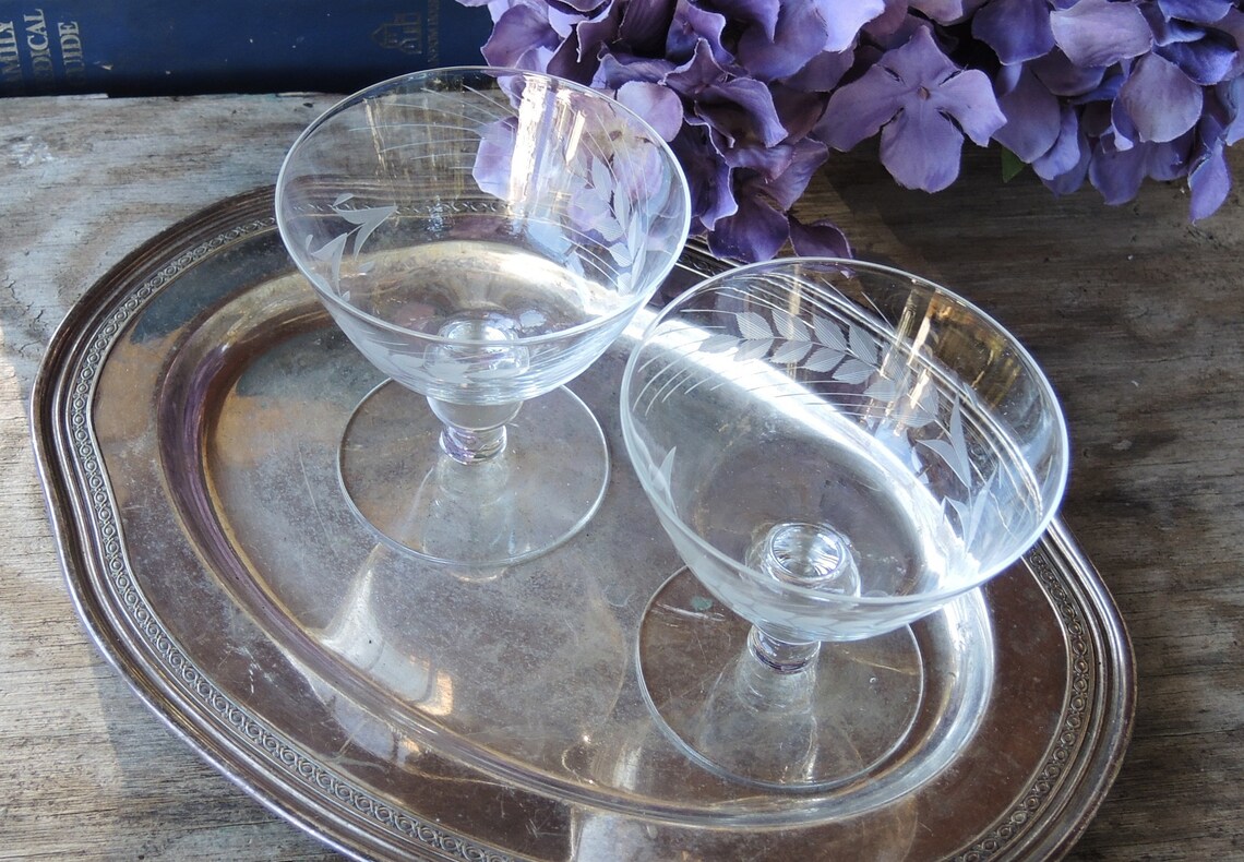 Vintage Etched Wheat Low Champagne Glasses Set of 2 Dessert or Etsy