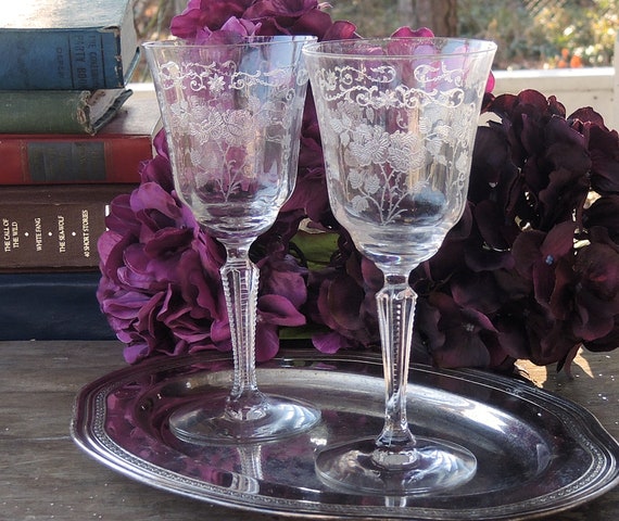 Fostoria Midnight Rose White Wine Glasses Set of 2 Bar Cart Finely
