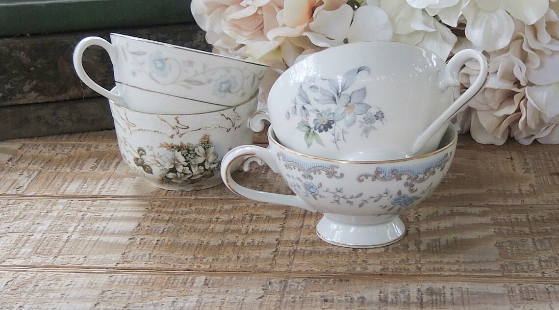 Mismatched Cottage Style Tea Cups Set of 4 Shabby Chic Tea | Etsy