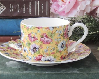 Queen's Fine Bone China Sophie Chintz Yellow Teacup & Saucer 4 Oz