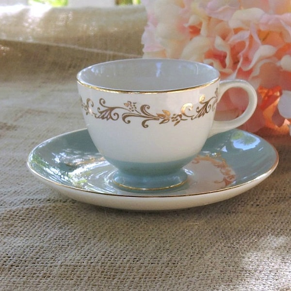 Vintage Robins Egg Blue and Gold Filigree Cup and Saucer by Lifetime China Co., Gold Crown, Housewarming Gift