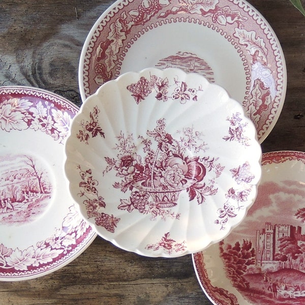 Mismatched Pink Transferware Saucers Set of 4 Small Plates Tea Party Plates for Weddings Vintage Replacement China Tea Cups