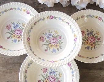 Harker Bouquet Rimmed Dessert Bowls Set of 4 Royal Gadroon Style Pink and Blue Florals Ca. 1960s