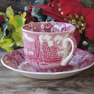 May include: A pink and white teacup and saucer set with a floral pattern. The cup features a landscape scene with trees and a river. The saucer has a similar floral pattern.
