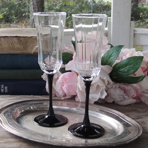 Crystal D' Arques Black Stemmed Champagne Flutes Set of 2 Toasting Flutes Cut Crystal Glassware, Stemware, Barware, Wedding Glasses