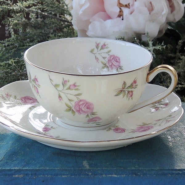 Theodore Haviland Delaware Tea Cup and Saucer, Made in New York Pink Floral Teacup Set Hostess Gift for Her Bridesmaid Gift