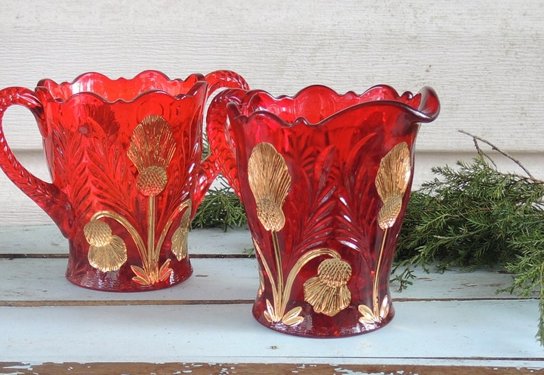 Mosser Glass Ruby Red Inverted Gold Thistle Pattern Creamer and Sugar
