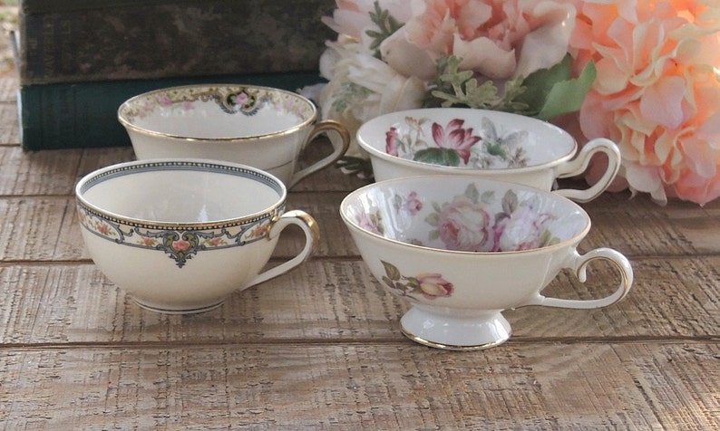 Mismatched Cottage Style Tea Cups Set of 4 Shabby Chic Tea | Etsy