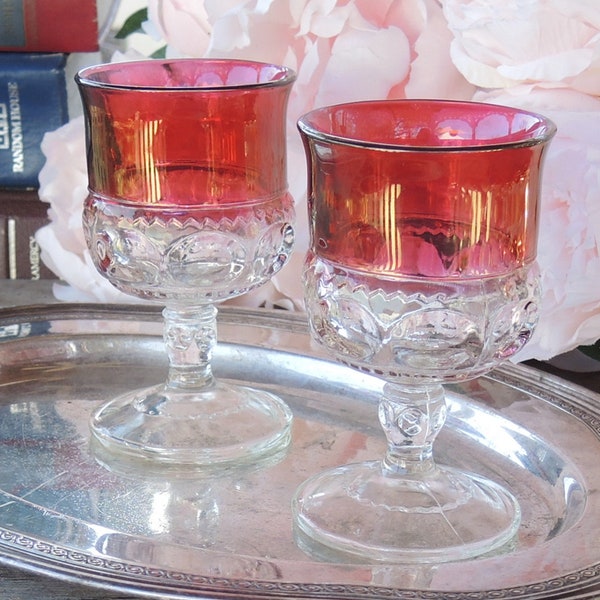 Tiffin-Franciscan Kings Crown Thumb Print Cranberry Flashed Juice Glasses Set of 2 Ruby Flashed Stemware Ca. 1943 - 1962