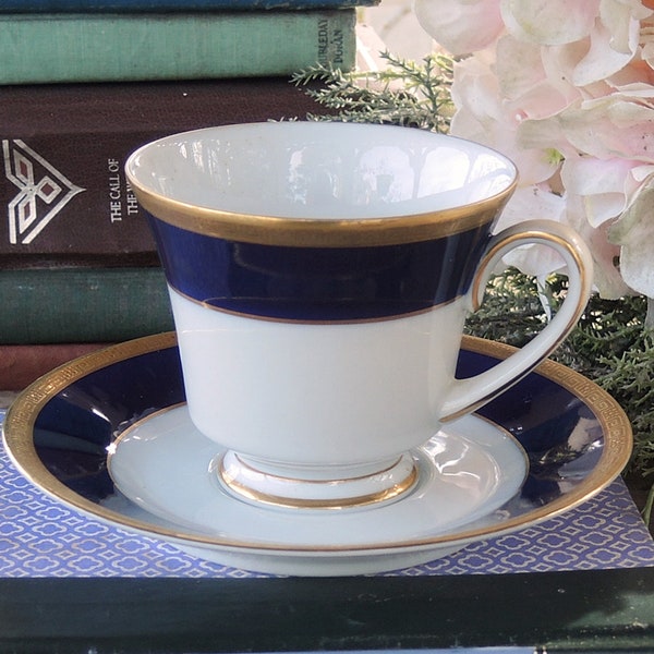 Noritake Valhalla Tea Cup Saucer Set Hollywood Regency Cobalt and Gold Teacup Duet Legacy by Noritake Ca. 1978 - 2002