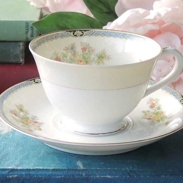 Noritake RC Footed Teacup Saucer Set Royal Crockery Teacup Set Morimura Brothers RC Backstamp Laurel Leaf Ca. 1908