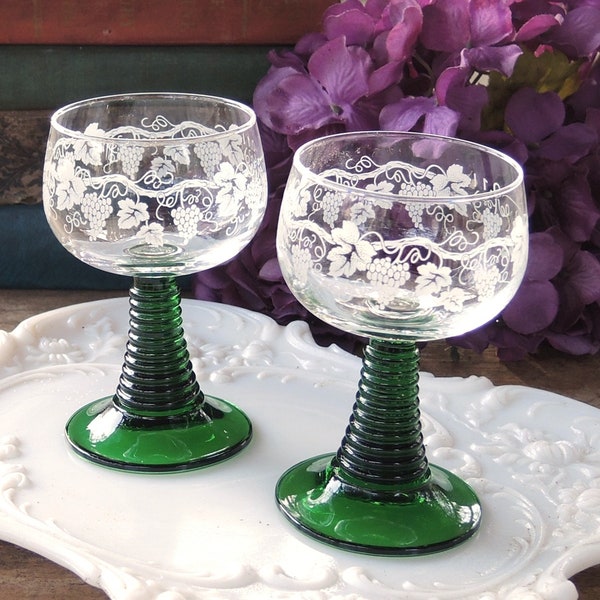 Vintage VCA Etched Cordial Glasses Set of 2 Made in France Green Ribbed Clear Glasses Mid Century Modern Bar Cart Glassware