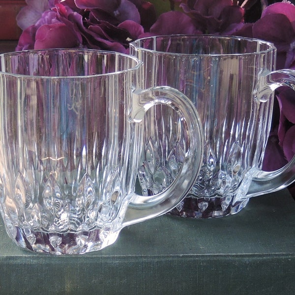 Set of 2 Vintage Clear Cut Glass Ice Tea or Coffee Mugs, Barware, Glassware, Vintage, Hollywood Regency